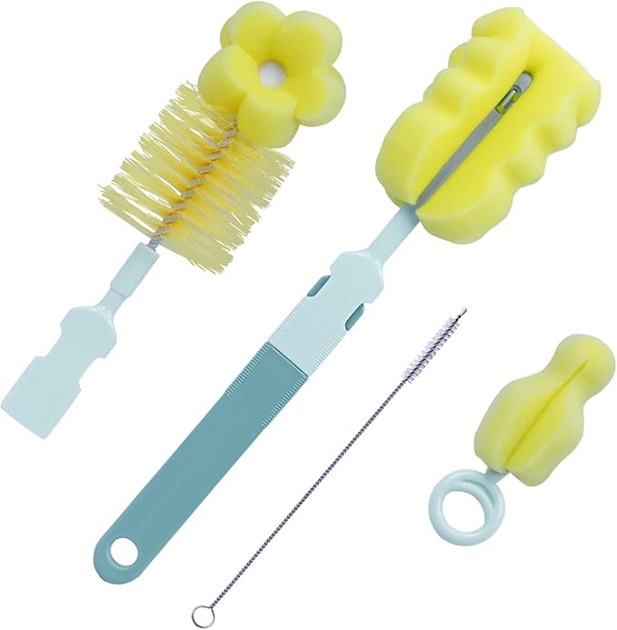 SEBIKAM 4-in-1 Baby Bottle Brush Set, Scratch-Free Sponge & Long Handle Cleaner for Wide/Standard Neck Bottles, Nipple, Sippy Cups & Straws, Quick Dry Design (Green)