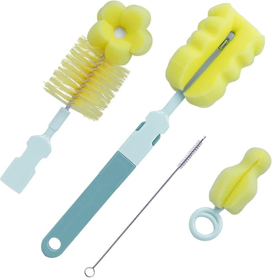 SEBIKAM 4-in-1 Baby Bottle Brush Set, Scratch-Free Sponge & Long Handle Cleaner for Wide/Standard Neck Bottles, Nipple, Sippy Cups & Straws, Quick Dry Design (Green)