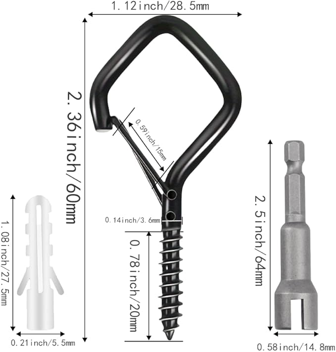 52-Pack Heavy-Duty Black Screw Eye Hooks with Safety Clips | Metal Ceiling Hooks for Hanging Plants, Wind Chimes, Bird Feeders & Indoor/Outdoor Lights