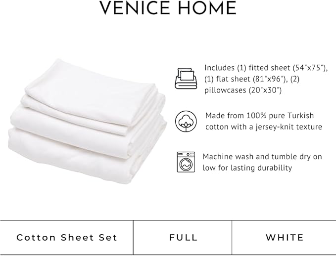 100% Cotton Bed Sheet Set with Deep Pocket - T-Shirt Fabric Jersey Knit - Extra Soft - Easy Fit - 4 Piece Set with Pillowcases - All Season - Comfy – 4 pcs (White, Full)