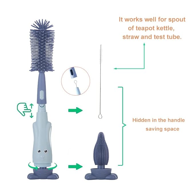 Chemimoso Cup Cleaning Brush, Silicone Baby Bottle Brush with Stand, Large Handle Water Bottle Brush Cleaner Set, with a Tiny Cup Lid Gap Cleaning Brush, Cup Lid Cleaner Brushes Kit, Blue