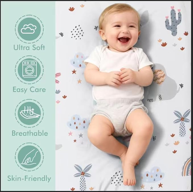3 Pack Stretchy Bassinet Sheets - Universal Fit for Rectangle, Round, Oval, Hourglass Cradles & Moses Baskets - Soft Breathable Fitted Bassinet Sheets Set for Baby Boy Girl - Mint Green & Elephant