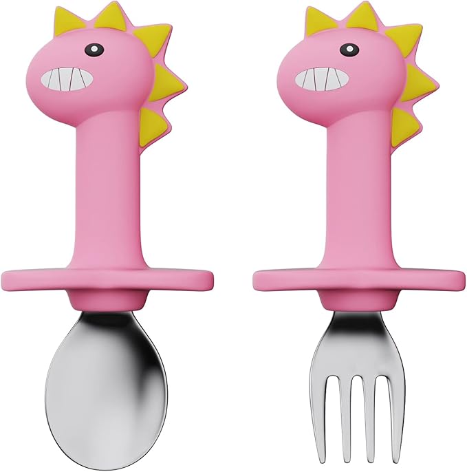 SFCCMM Baby Forks and Spoons Set Baby Training Utensils Self Feeding Toddler Silverware Silicone and Stainless Steel Kids and Toddler Utensil (Pink Dinosaur - Short)