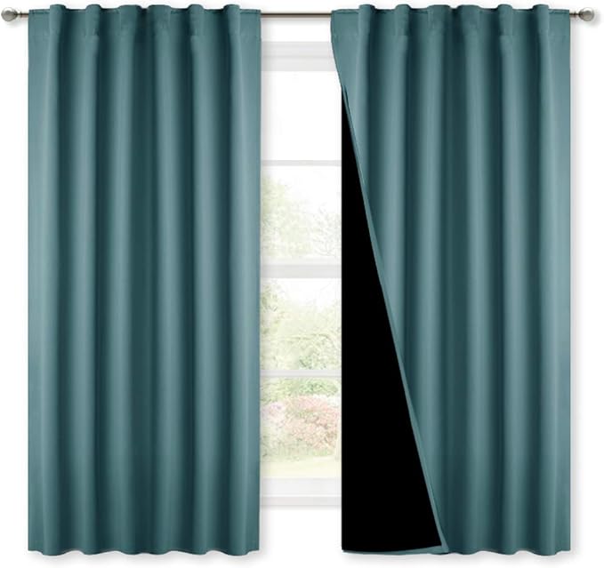 NICETOWN Bedroom Curtains Blackout Drapes, Thermal Insulated Black Liner Curtains for Nursery Room, Cold Blocking Back Tab Drapes for Windows (Set of 2, Sea Teal, 52-inch Wide by 63-inch Long)