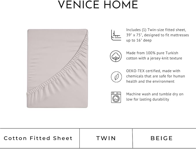 100% Cotton Fitted Sheet Only - Deep Pocket up to 16inch - All-Around Elastic - T-Shirt Fabric Jersey Knit - Extra Soft - Easy Fit - All Season - Comfy (Beige, Twin)