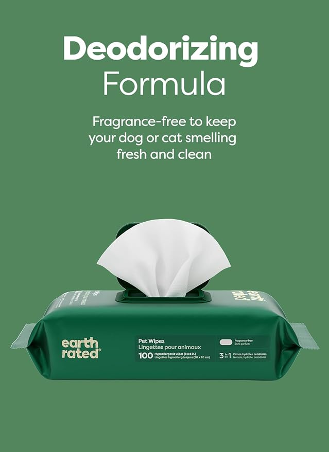 Earth Rated Pet Wipes for Dogs and Cats, Hypoallergenic, Cleaning and Hydrating, for Grooming Paws, Body and Butt, Unscented, 100 Count