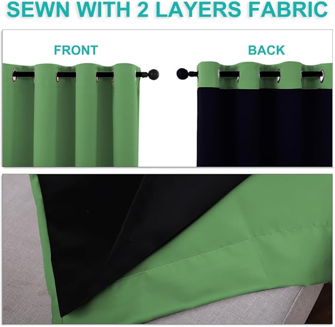 NICETOWN 100% Blackout Short Curtains with Black Liners, 2 Panels, 37" W by 63" L, Forest Green, Solid Thermal Insulated Full Blackout 2-Layer Lined Drapes, Energy Efficiency Window Drapes for Bedroom