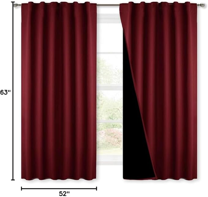 NICETOWN Cold Reducing 100% Blackout Curtains Bedroom Red, Thermal Insulated Curtains, Rod Pocket/Back Tab Drapes for Window Decor (Set of 2, 52 inches Wide by 63 inches Long)