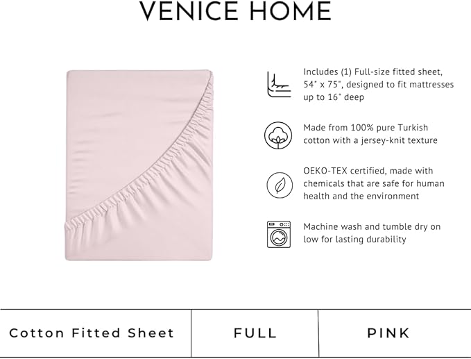 100% Cotton Fitted Sheet Only - Deep Pocket up to 16inch - All-Around Elastic - T-Shirt Fabric Jersey Knit - Extra Soft - Easy Fit - All Season - Comfy (Pink, Full)