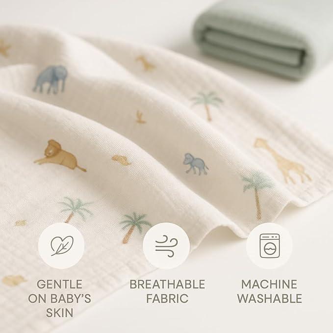 Soft 100% Cotton Swaddles for Newborns, 2- Pack - Large, Breathable Baby Blanket - Versatile, Durable Muslin Swaddle Blankets - Perfect Newborn Essentials (Safari/Green)