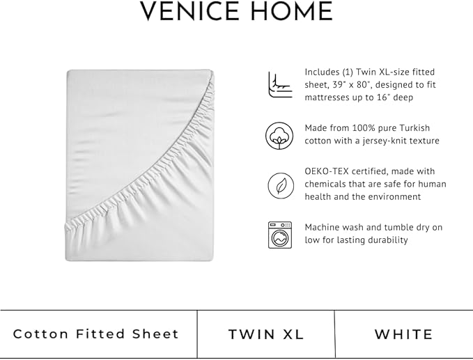 100% Cotton Fitted Sheet Only - Deep Pocket up to 16inch - All-Around Elastic - T-Shirt Fabric Jersey Knit - Extra Soft - Easy Fit - All Season - Comfy (White, Twin XL)