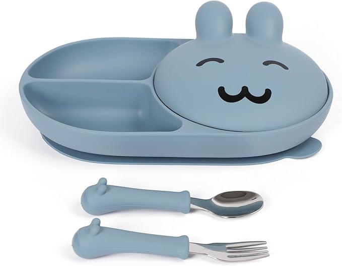 Silicone Baby Plate,Toddler plates,Self-feeding of infants after weaning, 100% Food Grade Silicone, BPA Free, Baby Dinnerware, Baby Plates With Suction, Divided Plate for Babies(blue)