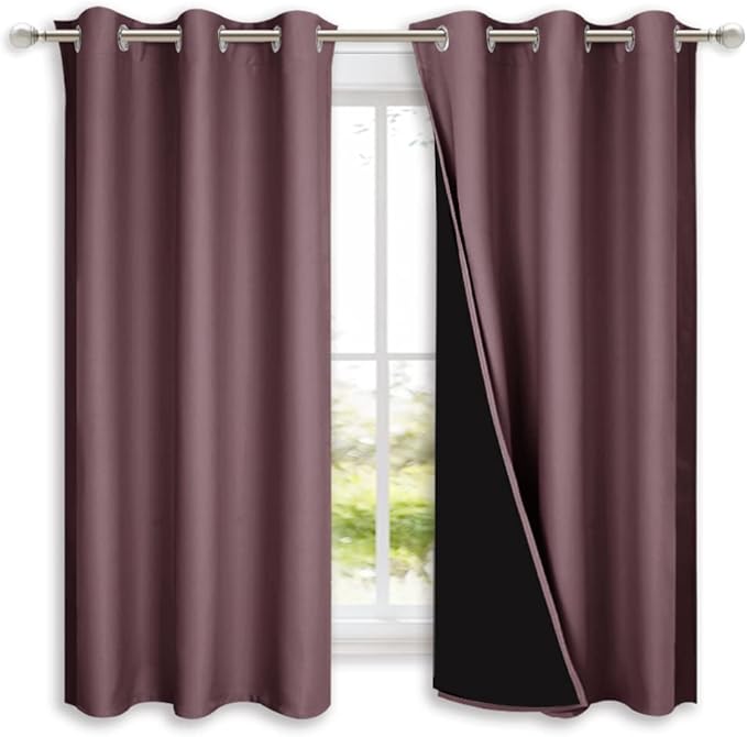 NICETOWN 100% Blackout Short Curtains with Black Liners, 2 Panels, 37" W by 60" L, Dry Rose, Solid Thermal Insulated Full Blackout 2-Layer Lined Drapes, Energy Efficiency Window Drapes for Bedroom