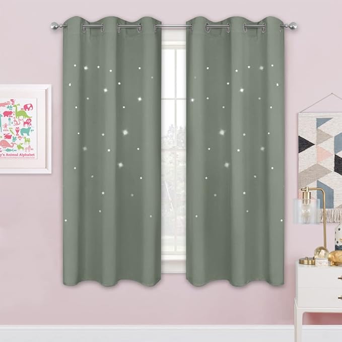 NICETOWN Kids Room Darkening Curtains 63 inches Long Thermal Insulated Star Cut Out Functional Drape Child Curtains for Nursery/Baby Bedroom, 42 inches Width, Sage Green, 2 Pieces