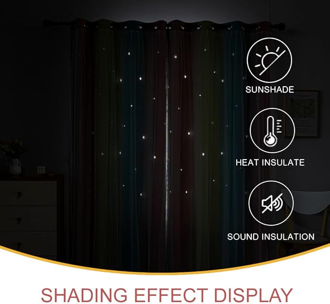 Star Girl and Kids Curtains for Bedroom Rainbow Ombre Double Layer Cute Shot Nursery Darkening Grommet Princess Room Décor 2 Panels Living Room Window Curtain （Blue Pink 52W x 84L）