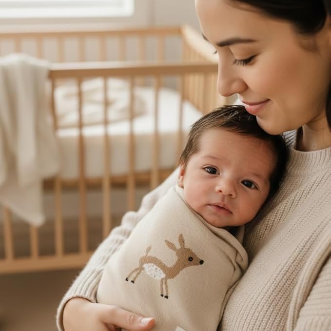Knit Baby Swaddle Blanket - 100% Cotton Soft Cozy Receiving Swaddling Stroller Blanket Quilt for Shower Gift Registry for Newborns Infants Toddlers Gender Neutral (Deer - Taupe)