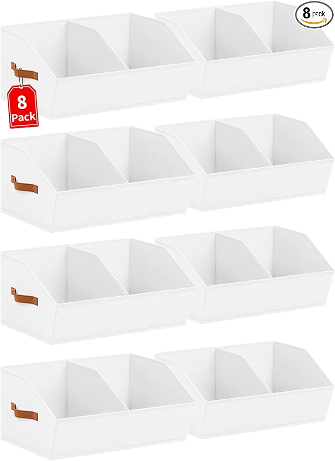 Closet Organizers and Storage Bins - 8 Pack Collapsible Divided Trapezoidal Cube Storage Bins Baskets with Orange Handle for Organizing Clothes Blankets, Toys, Books, Towels(White)