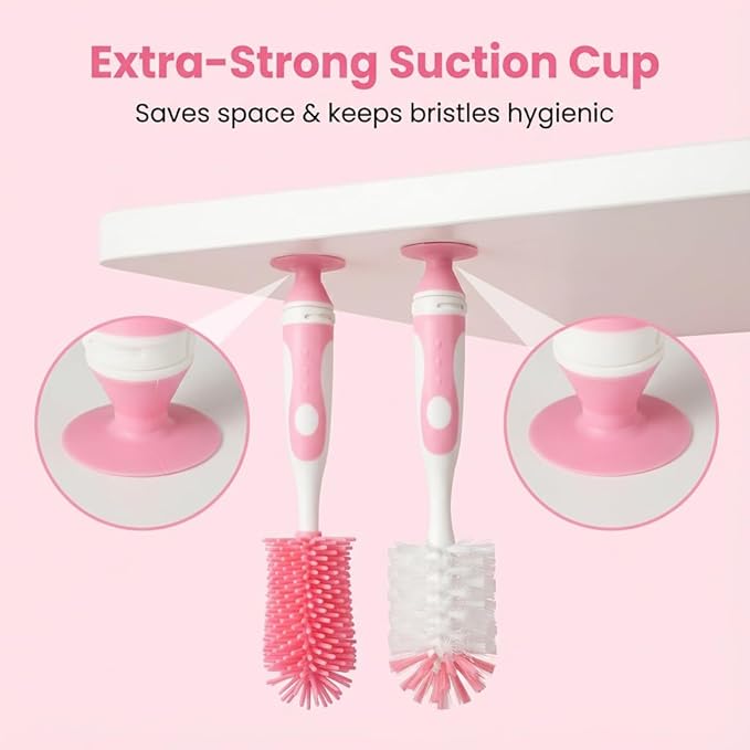 Ariseno 4-in-1 Baby Bottle Brush Set, Including Nylon Bottle Brush, Cap, Straw, Nipple Brushes, BPA-Free (Pink)