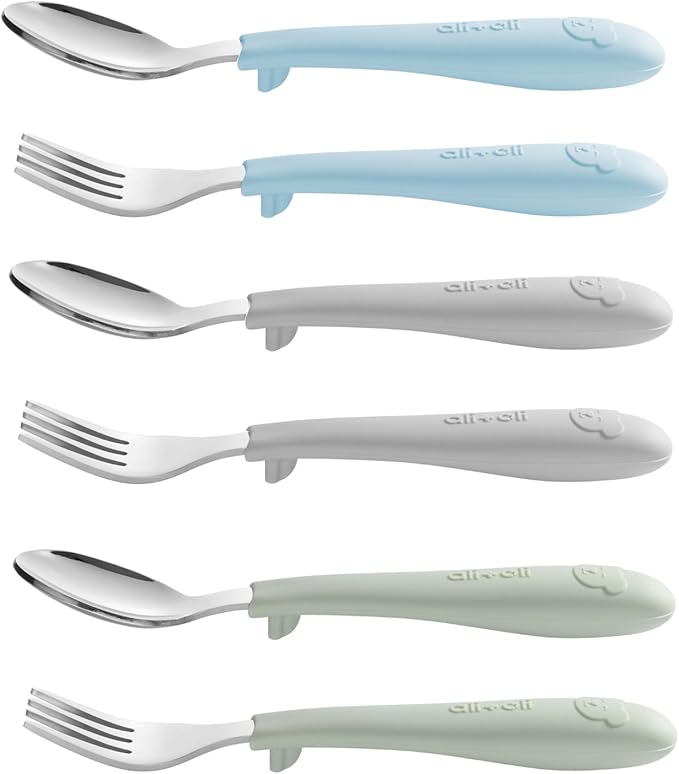 Ali+Oli Toddler Utensils Set (6 Pack) – Stainless Steel Kids Silverware with Soft Silicone Handles, BPA Free Baby Forks and Spoons, Durable Children Flatware Dishwasher Safe for Self Feeding (Bears)