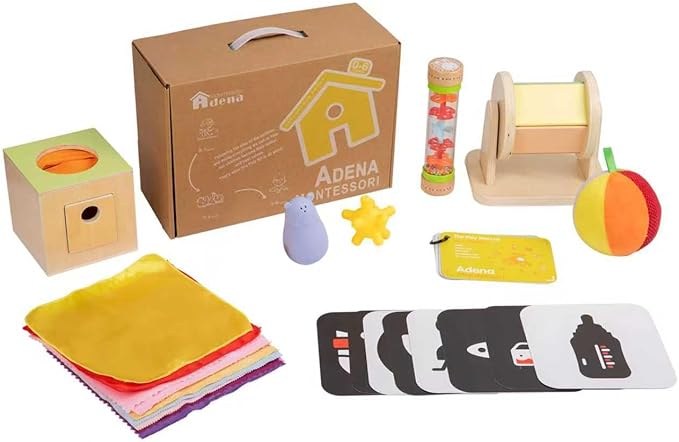 Adena Montessori Play Kit for 0-6 Month Baby,8 in 1 Learning Kit Includ Black&White Card,Rainmake Rattle,Sensory Ball,Tummy Time Wobbler,Tissue Box,Tissue,Rainbow Ball,Rainbow Drum