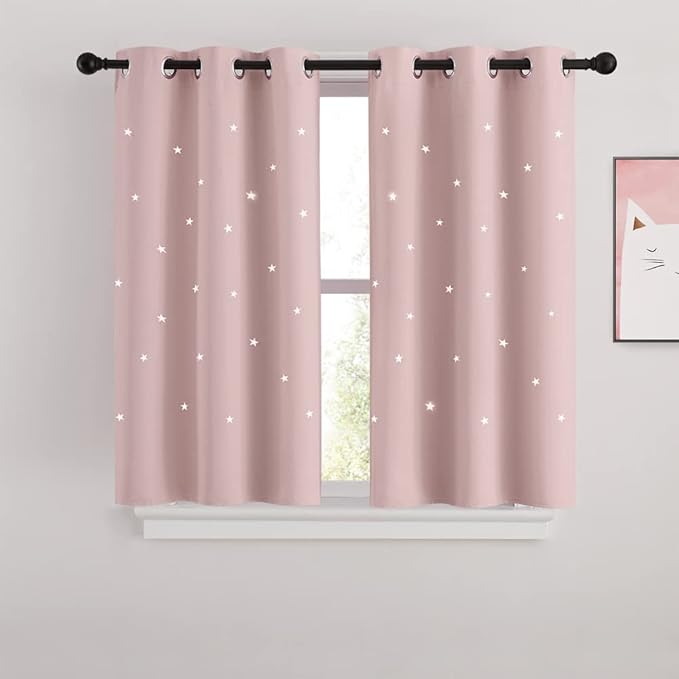 NICETOWN Kids Room Curtains with Laser Cutting Stars, 2-Panel Blackout Window Curtain Drapes for Light Blocking and Noise Reducing, W34 x L45 Inches Each Panel, Light Pink