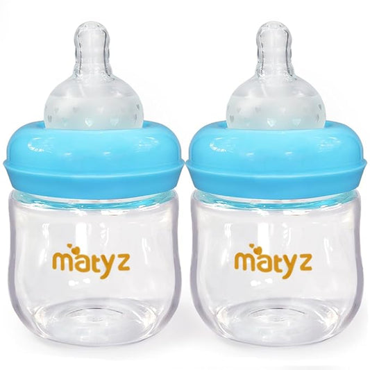 Matyz 2-Pack Glass Baby Breastfeeding Bottles with Caps (Blue, 4Oz) - Wide Neck New Born Bottles for Baby Breastfeeding - 4 Oz Glass Baby Bottles with Lids - Breastfeeding Bottles for Newborn Babies