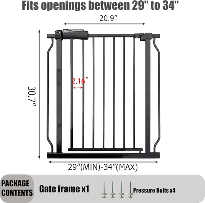 29-34 Inch Baby & Pet Gate - Black Metal, Pressure Mounted, Walk Through Safety Gate for Narrow Stairs & Doorways
