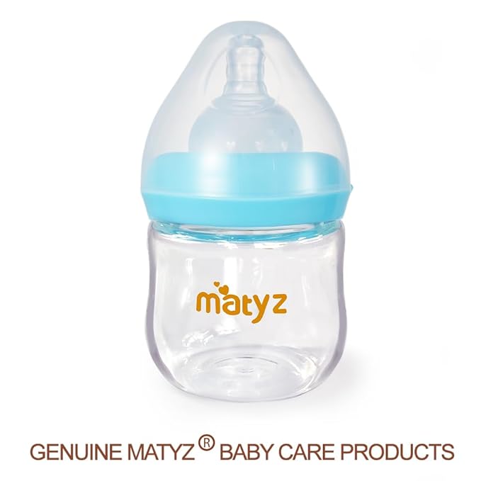 Matyz 1-Pack Glass Baby Breastfeeding Bottle with Cap (Blue, 4Oz) - Wide Neck New Born Bottles for Baby Breastfeeding - 4 Oz Glass Baby Bottles with Lids - Breastfeeding Bottles for 0-3 Months Babies