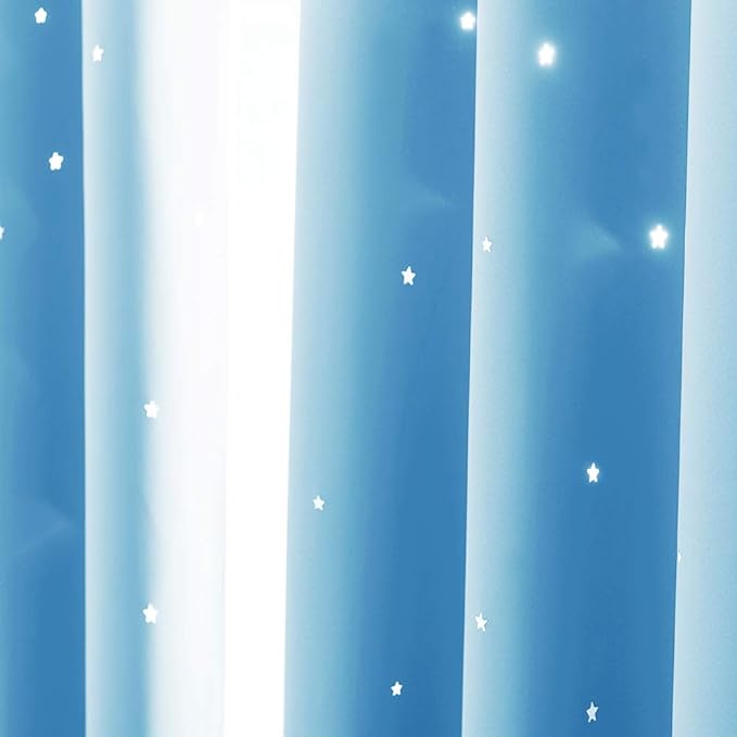 NICETOWN Twinkle Star Curtains for Baby - Kid Sky Wonder Star Cut Out Functional Room Darkening Curtains for Baby's Nursery, 52 by 63 inches, Teal Blue, 2 Pieces