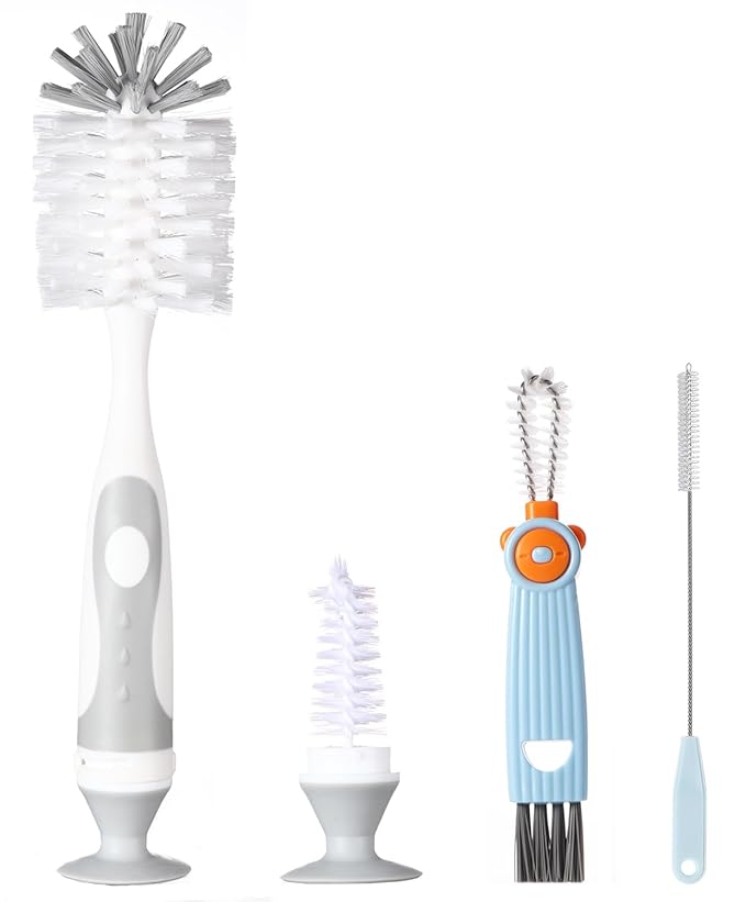 Ariseno 4-in-1 Baby Bottle Brush Set - Including Brushes for Bottles, Straws, Caps, & Nipples - BPA-Free (Grey)