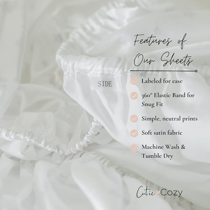Satin Fitted Crib Sheet (2 Pack) Premium Oeko-TEX Certified Satin Crib Sheet Set, Prevents Bald Spots Like Silk Crib Sheets for Baby Hair (White with Light Gray Hearts & Stars)