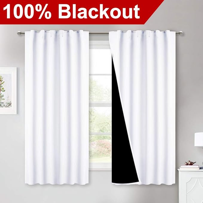 NICETOWN Pure White 100% Blackout Lined Curtains, 2 Thick Layers Completely Blackout Window Treatment Thermal Insulated Drapes for Kitchen/Bedroom (1 Pair, 52 inches Width x 63 inches Length)