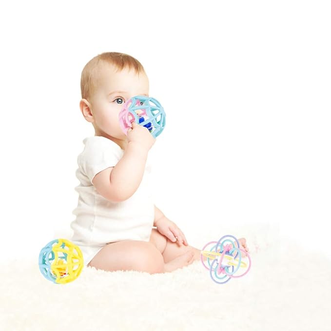 WEofferwhatYOUwant Baby Teether and Sensory Play Ball Set - 3 Piece Bundle with Rattle Teething Ring 2 BPA-Free Grasping Balls Safe Montessori Developmental Toys for Infants and Toddlers 0-6 Months