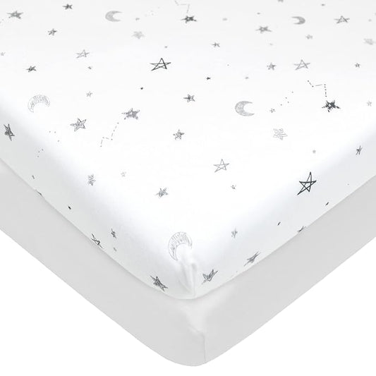 American Baby Company 2 Pack Printed 100% Natural Cotton Jersey Knit Fitted Portable/Mini-Crib Sheet, Gray Star and White, Soft Breathable, for Boys and Girls
