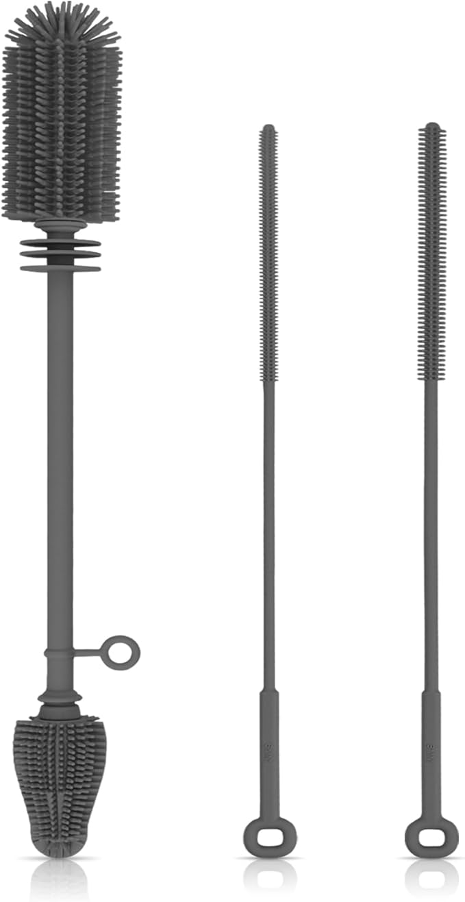 Silicone Bottle Brush and Straw Cleaner Set,Water Bottle Brush Double-Headed,Straw Brush Silicone,Bottle Cleaner Brush for Thermoses and Sports/Water Bottles/Dish/Cup (Black-Grey)