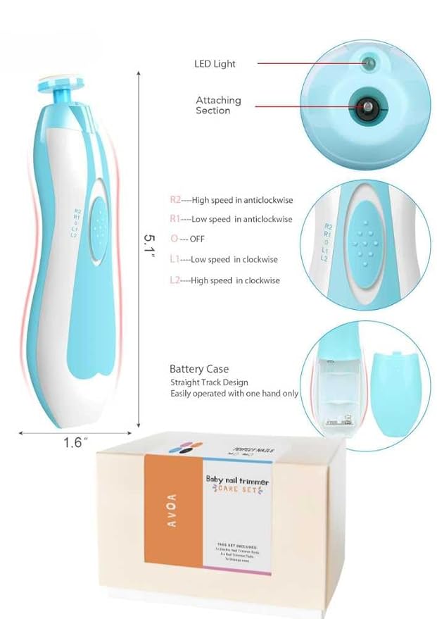 AVOA Baby Nail Trimmer Electric - Safe Quick Trim, No Cuticle Damage, LED Light, Quiet, Ergonomic, Baby Nail File Kit, Toddler Nail Clipper, Electric Nail File for Baby, Nail Filer, Blue