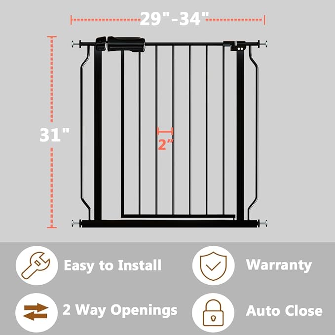 Fairy Baby Walk Through Black Baby Gate 29-34 Inch Wide for Stairs, Pressure Mounted Safety Gate with Door No Drill, Tension Metal Gate for Dog and Toddler