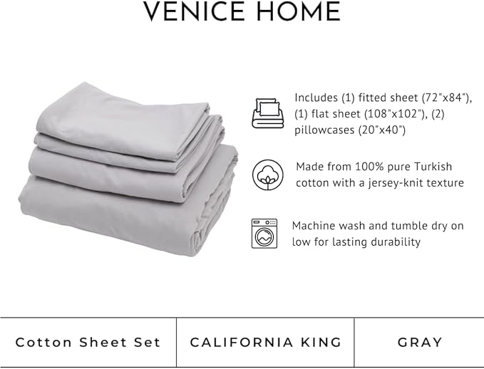100% Cotton Bed Sheet Set with Deep Pocket - T-Shirt Fabric Jersey Knit - Extra Soft - Easy Fit - 4 Piece Set with Pillowcases - All Season - Comfy – 4 pcs (Gray, California King)