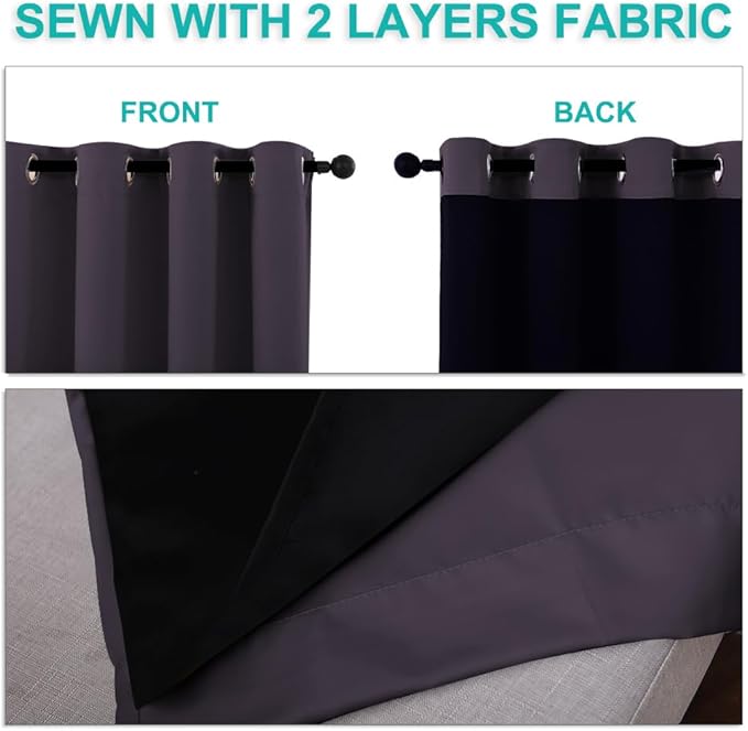 NICETOWN 100% Blackout Curtains for Windows, Pack of 2, 70" W x 108" L, Greyish Purple, Super Heavy-Duty Black Lined Total Darkness Drapes for Bedroom, Privacy Assured Window Treatment for Patio