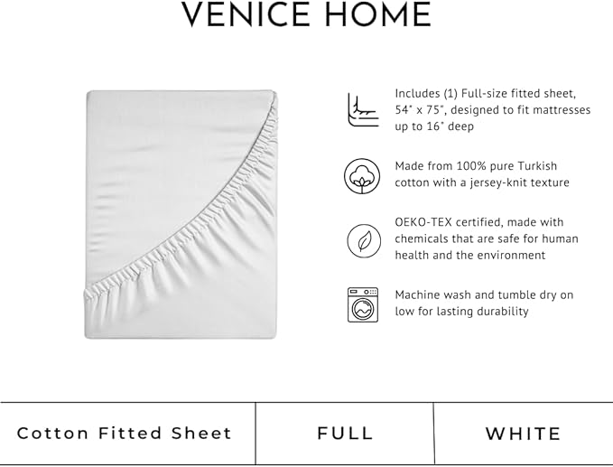100% Cotton Fitted Sheet Only - Deep Pocket up to 16inch - All-Around Elastic - T-Shirt Fabric Jersey Knit - Extra Soft - Easy Fit - All Season - Comfy (White, Full)