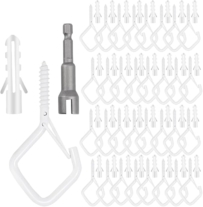 32-Pack Heavy-Duty White Screw Eye Hooks with Safety Clips | Metal Ceiling Hooks for Hanging Plants, Wind Chimes, Bird Feeders & Indoor/Outdoor Lights