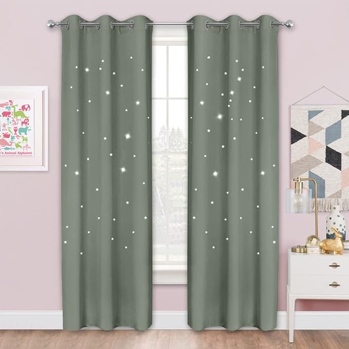 NICETOWN Sage Green Blackout Galaxy Curtains 84 inch for Nursery Bedroom, Soundproof Kids Room Darkening Grommet Curtain Drapes for Living Room, 2 Panels, 42" Wide