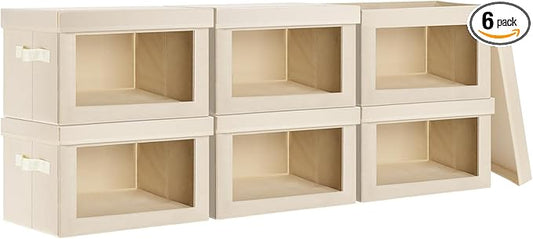 Collapsible Toy Storage Bins 6 PCS with Lids & Clear Window, Fabric Organizers with Handles for Closet, Nursery, Playroom | Beige Decorative Storage Boxes (14.5x9.4x9.8 Inches)