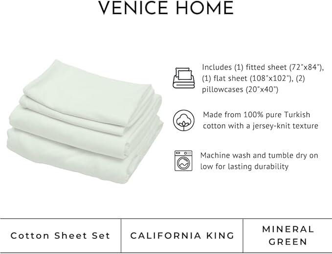 100% Cotton Bed Sheet Set with Deep Pocket - T-Shirt Fabric Jersey Knit - Extra Soft - Easy Fit - 4 Piece Set with Pillowcases - All Season - Comfy – 4 pcs (Mineral Green, California King)