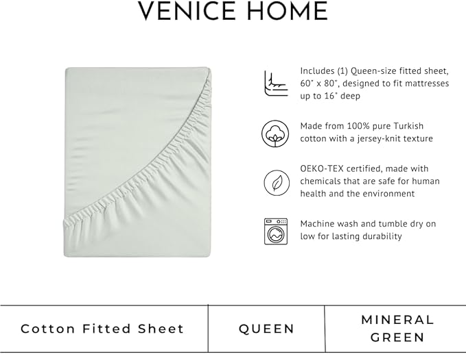 100% Cotton Fitted Sheet Only - Deep Pocket up to 16inch - All-Around Elastic - T-Shirt Fabric Jersey Knit - Extra Soft - Easy Fit - All Season - Comfy (Mineral Green, Queen)