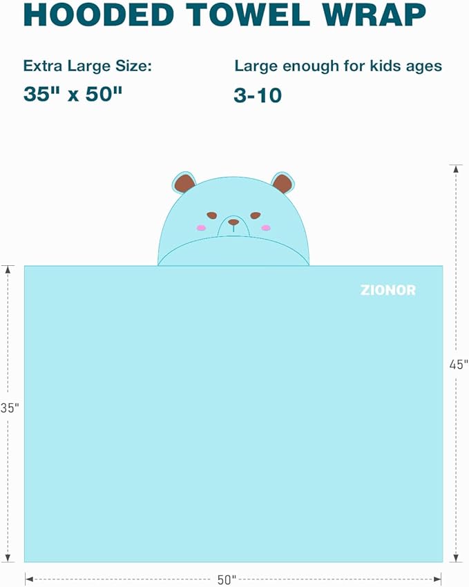 ZIONOR Hooded Bath Towel for Kids - 50''L x 35''W Extra-Large Hooded Towels for Big Kids 6-10, Kids Beach Towels Made from Bamboo Rayon, Suitable for Bath, Pool, Beach(Blue Bear)