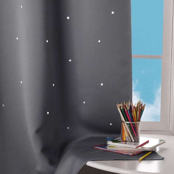 NICETOWN Blackout Star Curtains for Kids - Hollow Out Star Shaped Room Darkening Window Drapes for Space Themed/Nursery/Boys Adult Room Decor (2 Panels, 42 inches Wide x 63 inches Long, Grey)