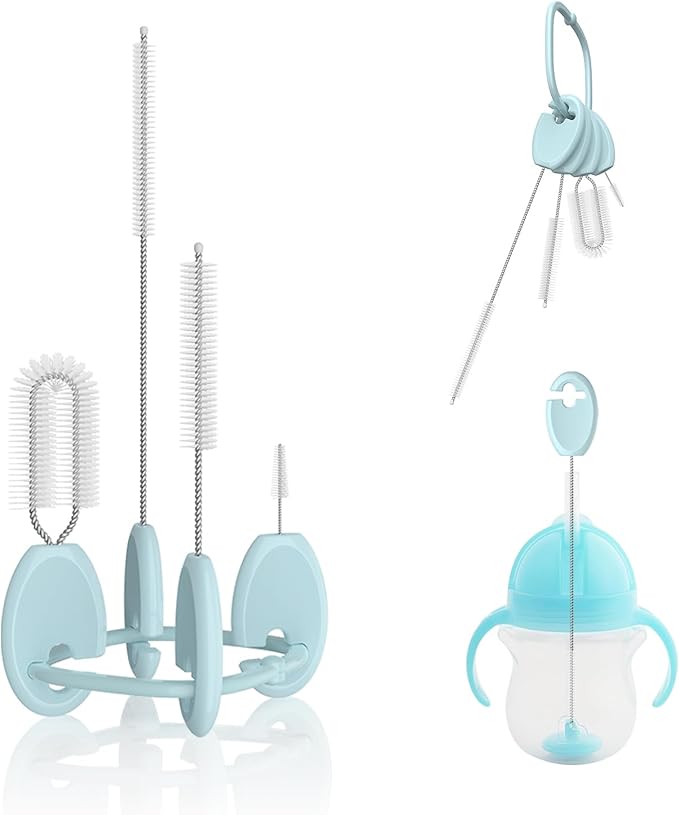 VOGOGE Baby Straw Brush Set, 4 Piece Cleaner Kit with Standable Key Ring – for Sippy Cups, Weighted Straw Cups & Baby Bottles – Designed for 0–24 Months, Blue