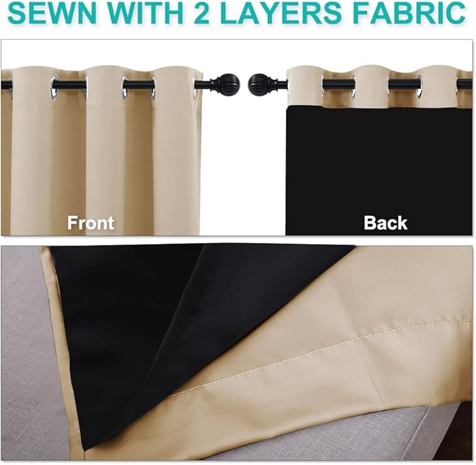 NICETOWN Living Room Completely Shaded Draperies, Privacy Protection & Noise Reducing Ring Top Drapes, Black Lined Insulated Window Treatment Curtain Panels(Biscotti Beige, 2 Pieces, W62 x L72)