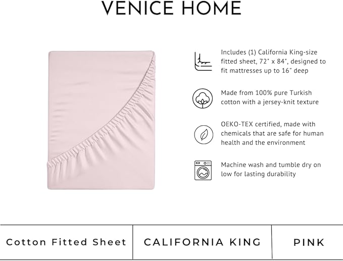 100% Cotton Fitted Sheet Only - Deep Pocket up to 16inch - All-Around Elastic - T-Shirt Fabric Jersey Knit - Extra Soft - Easy Fit - All Season - Comfy (Pink, California King)
